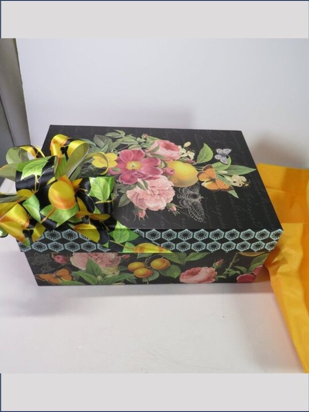 VTG Victorian Black Botanical Floral & Fruit Gift Box Storage 11x8 With Bow